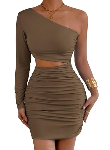 Belriviere Womens One Shoulder Bodycon Mini Dress One Sleeve Ruched Cutout Sexy Short Dress for Club Party Date Nights L Coffee