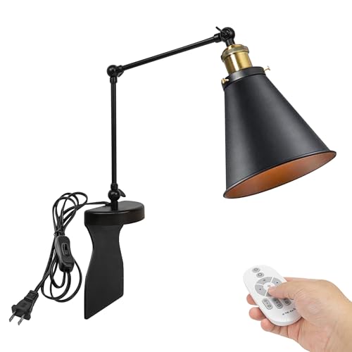 Kiven Headboard Reading Light, Dimmable LED Book Reading Lamp, Industrial Nightstand Lamp with Adjustable Swing Arm, 8.2ft Cord, Remote Control for Reading Bedside Side Table Desk, Black&Gold