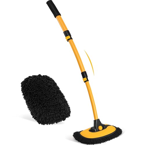 YY-LC 15°Curved Car Wash Brush with Long Handle, 43" Car Cleaning Brush with Extension Pole, Microfiber RV Wash Mop Scratch-Free, Exterior Washer Mop for Washing Roof Truck Camper SUV Caravan Boat