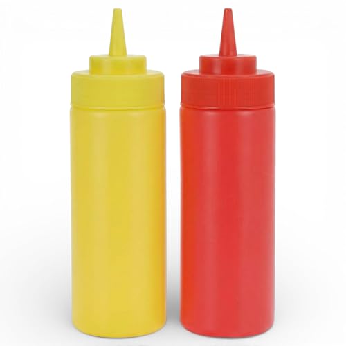 MIJOMA Saucenflaschen 2er Set 400ml – Squeeze Bottle für Ketchup & Senf aus Polyethylen – Dosierflasche spülmaschinenfest wiederverwendbar BBQ Küche Camping Gastronomie