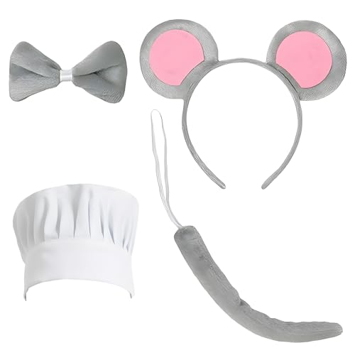 cadelon Juego de disfraz de chef de rata para adultos, orejas de ratón, cola y sombrero de chef con pajarita, 4 accesorios fáciles de llevar para fiestas de disfraces y eventos temáticos