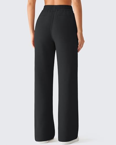 G4Free Women's Waffle Knit Wide Leg Pants with Pockets High Waisted Yoga Pants Comfy Casual Sweatpants Stretch (Black,L,Petite) — view 2