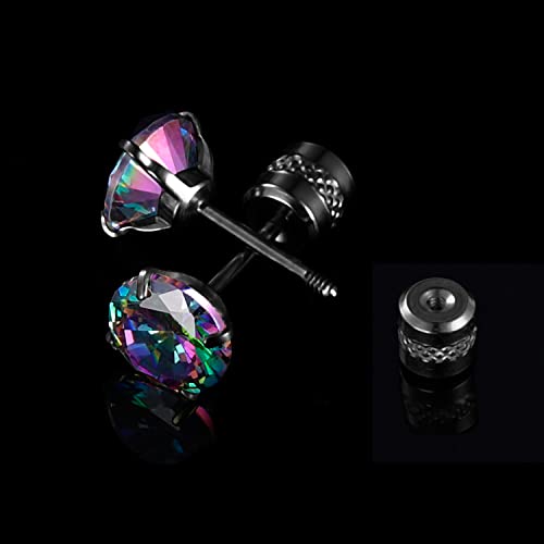 Titanium Screw Back Earrings Black Surgical Stainless Steel Rainbow Cubic Zirconia Fake Diamond Flat Back Stud 316L Hypoallergenic For Sensitive Ear For Women Men Teen Cz Twist Piercing Post #TOP6