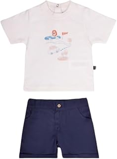 طقم ملابس للاطفال مكون من قطعتين من جونيور، تيشرت ابيض مع طباعة جرافيك وشورت كحلي، 0-24 شهر