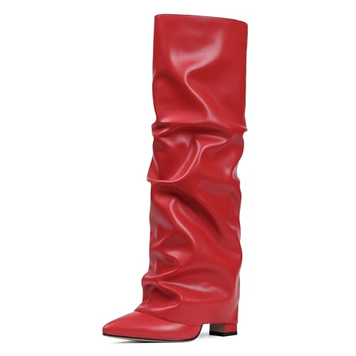SaraIris Womens Red Knee High Boots Wide Calf Chunky Fold Over Slouchy Pointy Toe Comfy Shark Boots