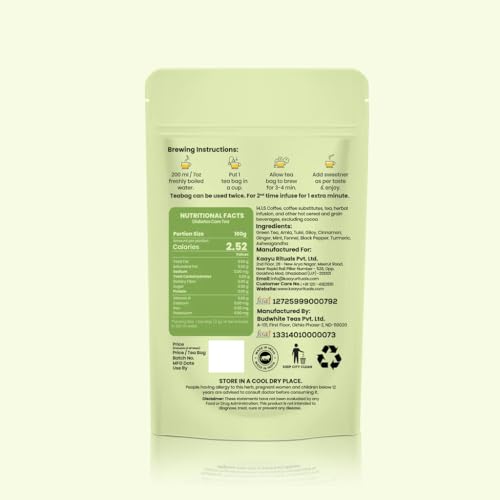 Image of Kaayu Rituals Immunity Herbal Green Tea With Ashwagandha, Tulsi & Giloy | Caffeine-Free, Antioxidant-Rich Detox Tea | Aids Digestion, Improves Metabolism & Relieves Stress | 20 Pyramid Bags(40g)
