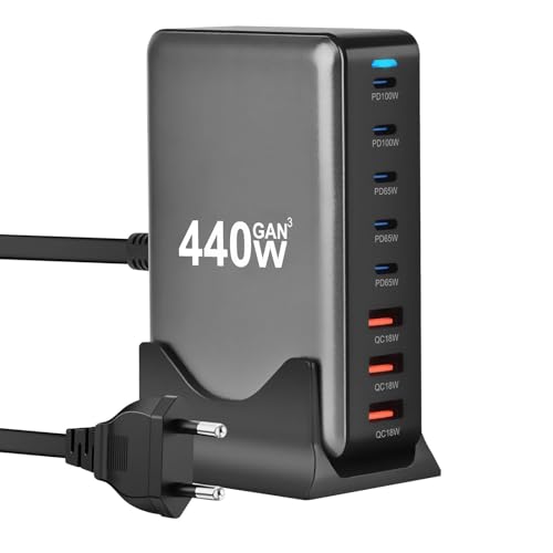440W Chargeur USB C,8 Ports Multiple GaN Chargeur Secteur avec 5 USB-C et 3 USB-A,Chargeur Rapide Station de Charge Adaptateur Compatible avec MacBook Pro/Air...