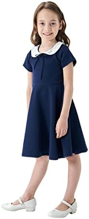 Abbyabbie.Li Girls Short Sleeve Uniform Dresses Casual Peter Pan Collar Fit and Flare Skater Dress 2-12 Years Dark Blue