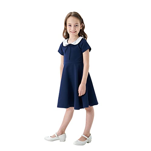 Abbyabbie.li Girls Short Sleeve Uniform Dresses Casual Peter Pan Collar Fit And Flare Skater Dress 2-12 Years Dark Blue #TOP16