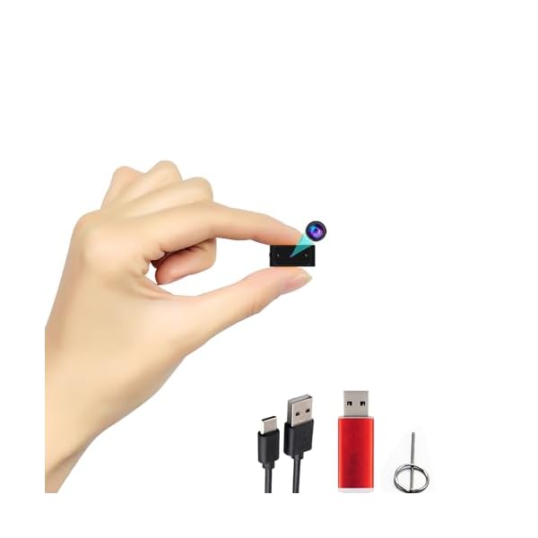 Hand holding miniature camera with USB cables and pin