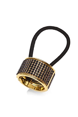 Goma de pelo para mujer, de metal, accesorio para el pelo, piedra artificial, no daña el cabello, color negro y dorado Cover