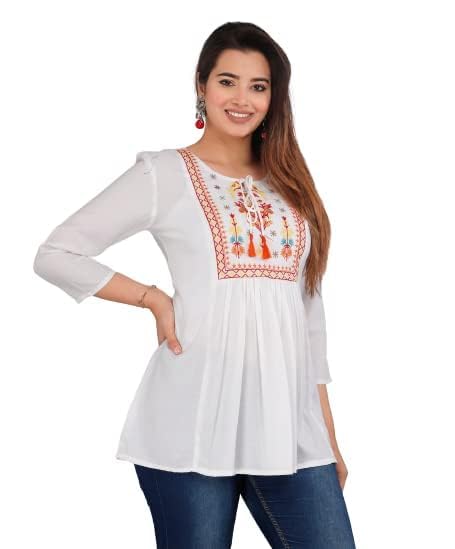 Image of Avayayat Women's Rayon Classic Heavy Embroidery Top with Beautifull Tassels at Front and on Both Sleeves Regular Fit Office Wear Festival Tunic Jeans Summer