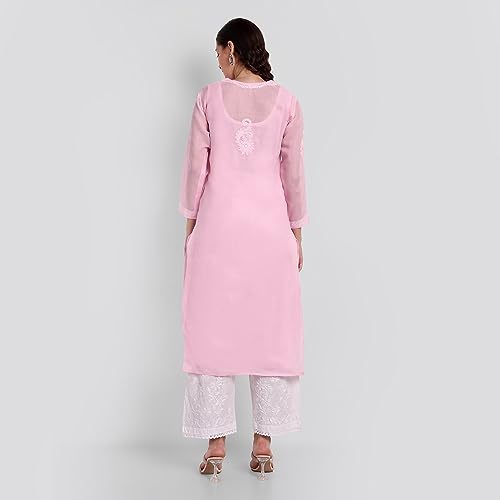 Image of Seva Chikan Hand Embroidered Lucknowi Chikankari Appricot Cotton Kurta Kurti for Women SCL4321