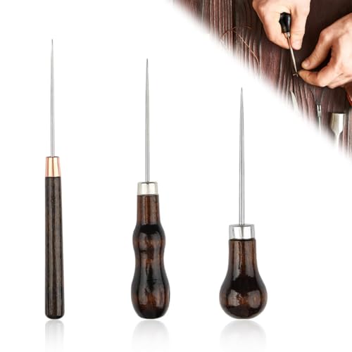 3 Stück Ahle, Ahle Lochmacher Werkzeug,Werkzeug Nähen Ahle, Aale Werkzeug,mit Holzgriff Leder Werkzeug Nähen Vorstecher Holz Stichel,DIY-Handwerkzeug Lederhandwerk, Lederbohrer für Lederarbeiten