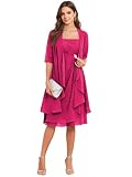 2 vestidos de gasa para la madre de la novia para boda, longitud hasta la rodilla, plisado, media manga, vestido de noche formal con chaqueta, fucsia, 44