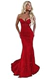 RSOETOO Elegant Mermaid Prom Dress Long Lace Strapless Tulle Bodycon Prom Ball Gowns for Women US00 Red