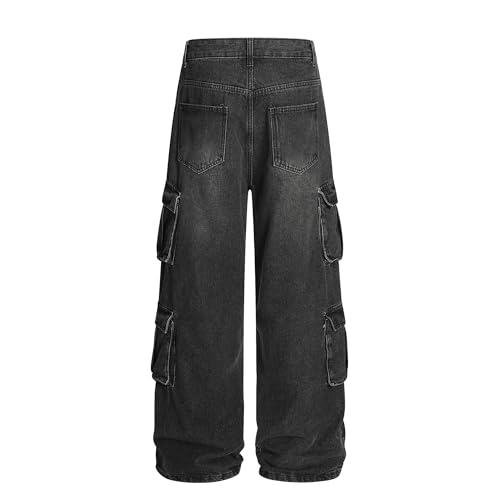XYXIONGMAO Men's Black Denim Cargo Pants Baggy Wide Leg Vintage Washed Streetwear Multi-Pockets Stacked Hem Overalls for Men2