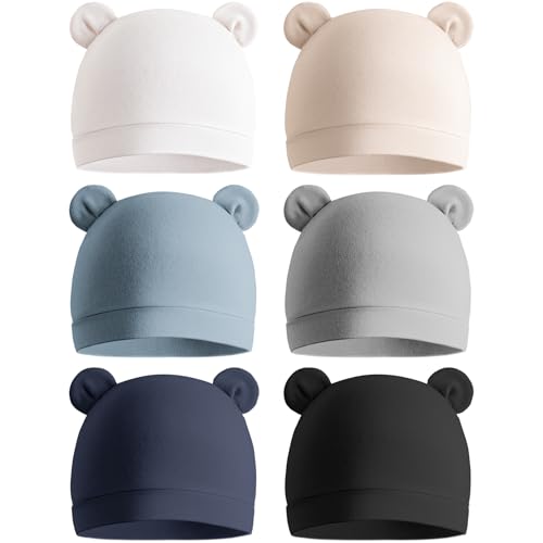 Image of Konssy 6-Pack Baby Newborn Hats with Bear Ears Baby Beanie Hats - Soft Caps for Infant Boys & Girls, 0-3 Months