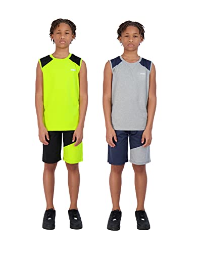 Hind 4-Piece Boys Basketball Shorts And Muscle Athletic Shirt Tank Top Jersey (Lime-Grey, 12) #TOP23