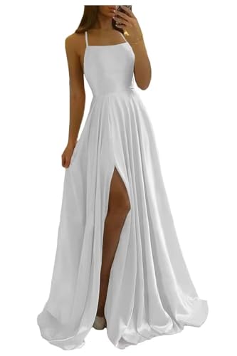 Image of Women Long Formal Dress Solid Satin Spaghetti Straps A Line Evening Cocktail Dresses with Slit