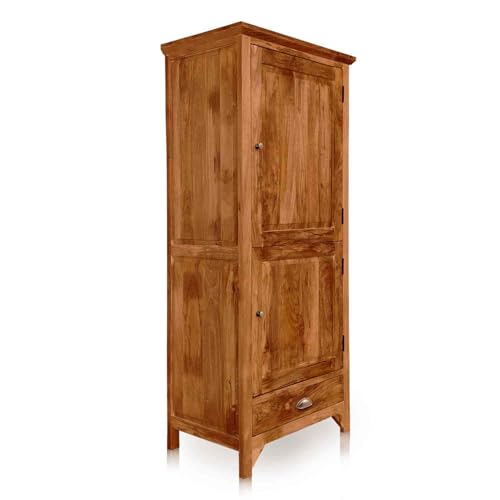 Image of APRODZ Mango Wood Wardrobe for Bedroom 1-Door Unique Front Almirah for Storage /Space Saving 1-Drawer Storage Organizer Rack Clothes Cupboard for Bedroom (Natural)