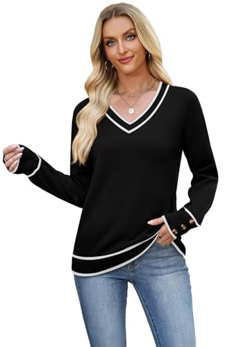 Image of WIHOLL Lightweight Sweaters for Women Long Sleeve V Neck Knit Outfits with Decorative Buttons