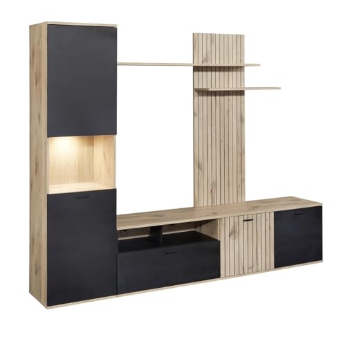AltoBuy NIVER - Meuble TV Mural avec Banc TV et Colonne LED inclue et Aspect Bois Noir