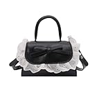 Bow Tote Bag Mini Y2K Shoulder Purse Lace Ruffle Cute Small Retro Bowknot Crossbody Handbag Small PU for Lipsticks Daily Party 90s (Black)
