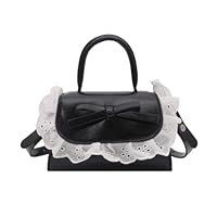 Bow Tote Bag Mini Y2K Shoulder Purse Lace Ruffle Cute Small Retro Bowknot Crossbody Handbag Small PU for Lipsticks Daily Party 90s (Black)