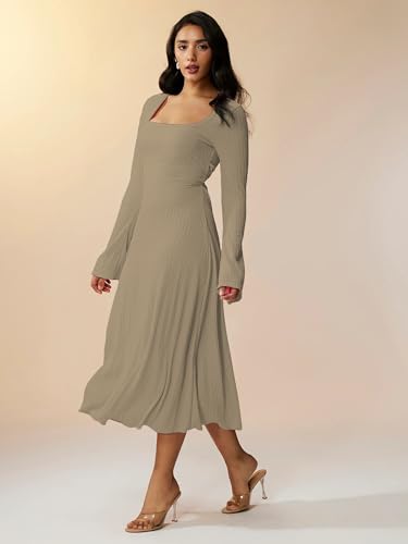 Image of Shasmi Women's Square Neck A-Line Dress - Long Sleeve, Tie Waist, Knitted Stretchable, Casual & Office Outfit, Solid Winter Midi Dress for Women (Dress 221)