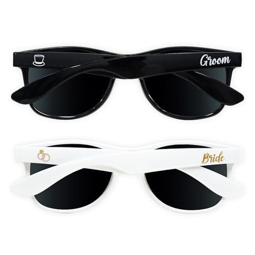 Brosash Bride and Groom Sunglasses – 2 Pack Wedding Sunglasses Set for Couple – Fun Just for Wedding Day, Honeymoon, Coed Bachelorette Bachelor Party, Engagement Photos, Bridal Shower