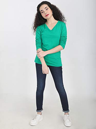 Image of FLEXIMAA Women's Cotton Plain V Neck Full Sleeve T-Shirt