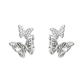 Pendientes de mariposa doble para mujer Pendientes de zirconia cúbica micro pavimentada con platino plateado Aguja de plata Joyería delicada