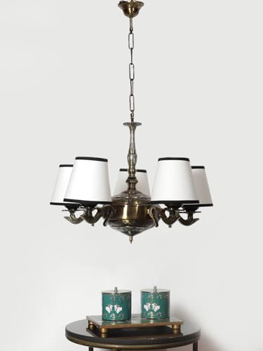 Image of Devansh 05 Lights White & Black conical Cotton Shade with Antique Golden Chandelier