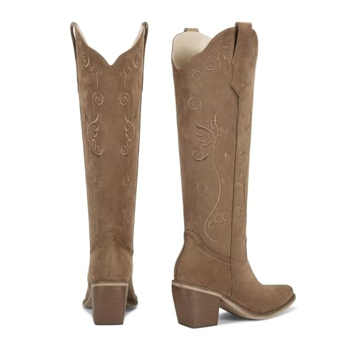 Image of wetkiss Cowboy Boots for Women Knee High, Low Heeled Stable and Comfortable | Knee High Cowgirl Boots,Western Boots with Embroidery,Pull On,Slip On,Non-slip Rubber Sole,Soft and Breathable PU Leather
