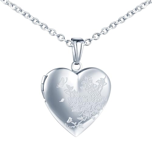 MICMIF Collana Donna Foto Personalizzata Medaglione con Fiori e Farfalle, Acciaio Inossidabile Ciondolo Cuore Medaglione per Foto Portafoto con Catena 50cm Gioielli per Mamma Moglie Fidanzata