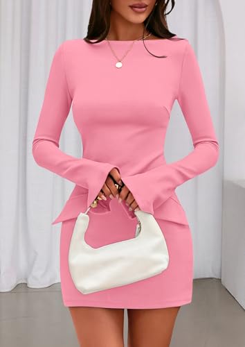 Image of PRETTYGARDEN Womens Fall Long Sleeve Mini Dress 2025 Trendy Boat Neck Bodycon Knit Elegant Short Party Formal Dresses