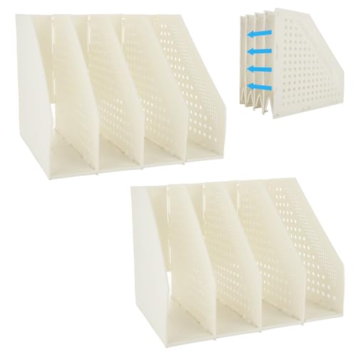 CYEER 2 Pack Desk File Holder Organiser, White Collapsible Magazine Holder Document Organiser, 4 Compartments Folding Bookshelf Adjustable for Home Office Organization and Storage