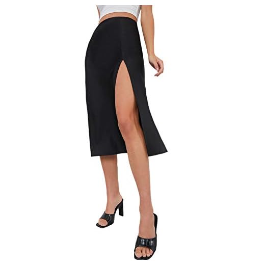 Verdusa Women's Elegant Split Thigh High Waist Satin A Line Midi Skirt Black M