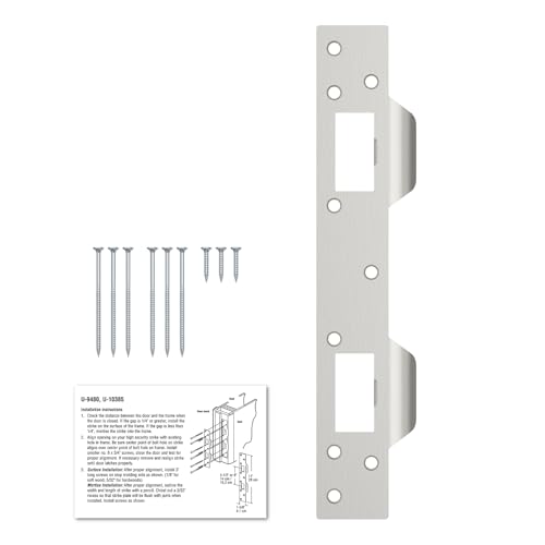 U 10385 Door Strike Plate Reinforcement Plate for Use with 5-1/2” to 6” Hole, Door Strike Plate Double Holes for Exterior Interior Door Deadbolt Fix Door Frame Door Jamb, Steel, Satin Nickel, 1 Pack