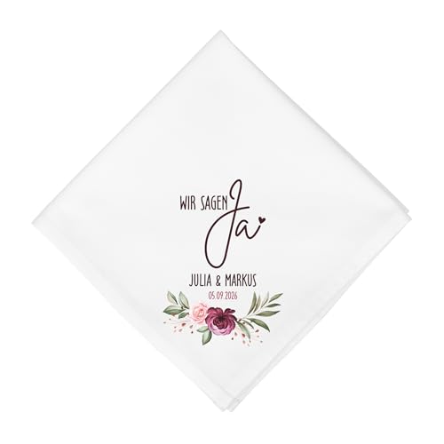 Herz & Heim Personalisierte Stoffserviette zur Hochzeit 45×45 cm Baumwollserviette mit Namen Datum oder Initialen Serviette als Hochzeitsdeko & Gastgeschenk Motivauswahl (Wir Sagen ja)