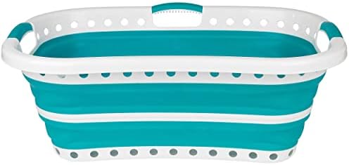Beldray LA072979TQEU Collapsible Hip Hugger Laundry Basket, Curved & Shaped To Fit The Body, Easy Fold Basket, Non-Slip 2 Way Ergonomic Handles, 37 Litres, Turquoise, 66 x 44 x 24cm When Collapsed