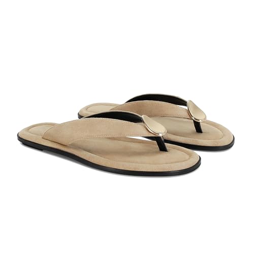 Image of Women's Suede Thong Sandals Flat Flip Flops with Metal Accent Slip On Comfortable Casual Summer Beach Dress Sandals