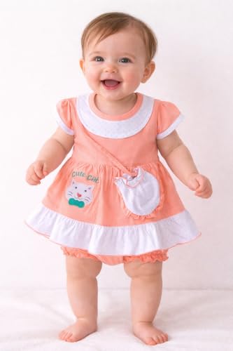 Image of Baby Girls Frock Dress with Bloomer Set | Short Sleeve Polka Dot Inner Layer & Bow Detail Special for 0-6 Months