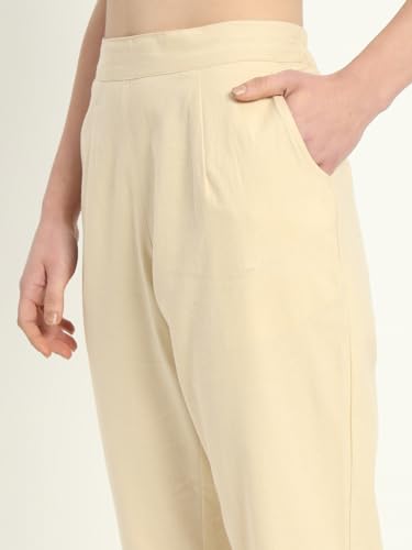 Image of Women's Solid Straight Fit 100% Cotton Trousers | High Waist, Side Pockets, Ankle Length Pants for Office, Casual