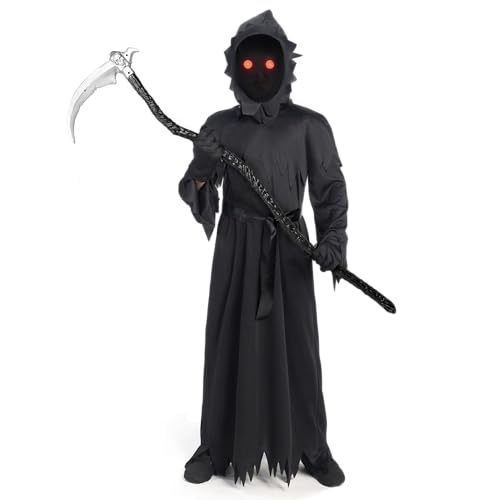 Spooktacular Creations Kids Grim Reaper Costume, Halloween Costumes for Boys, Reaper Outfit with Glowing Red Eyes