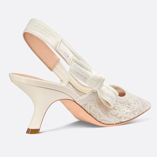 Goolita Pointed Closed Toe Embroidered Slingback Heels for Women, Bow Kitten Heels Mesh Pumps Backless Party Bridal Shoes for Wedding4