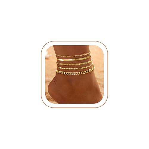 iF YOU Gold Ankle Bracelets for Women, 14k Gold Plated Waterproof Cuban Link Chain Anklets Set, Layered Anklet Bracelets for Women Beach Gift Adjustable Size 5pc (Style2-gold)
