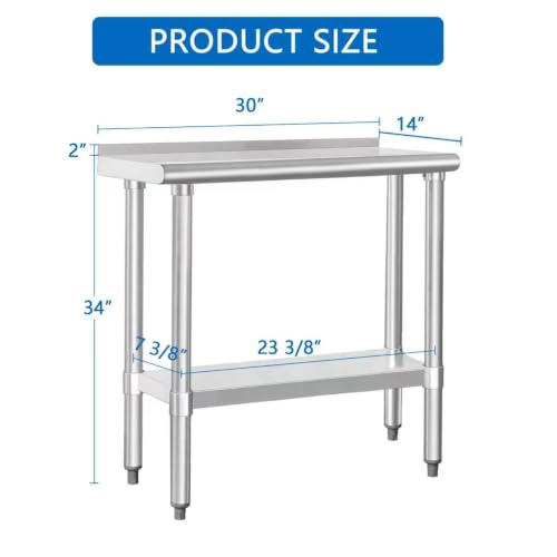 Image of HARDURA Stainless Steel Commercial Work Table Prep Work Metal Table 14x30 Inches with Undershelf and 2 inch Backsplash Heavy Duty NSF 430 for Kitchen Food Prep