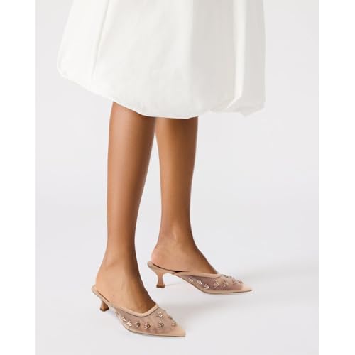 Image of Women Kitten Heel Mules Crystal Flower Decor Mesh Pointed Toe Low Heel Casual Pumps
